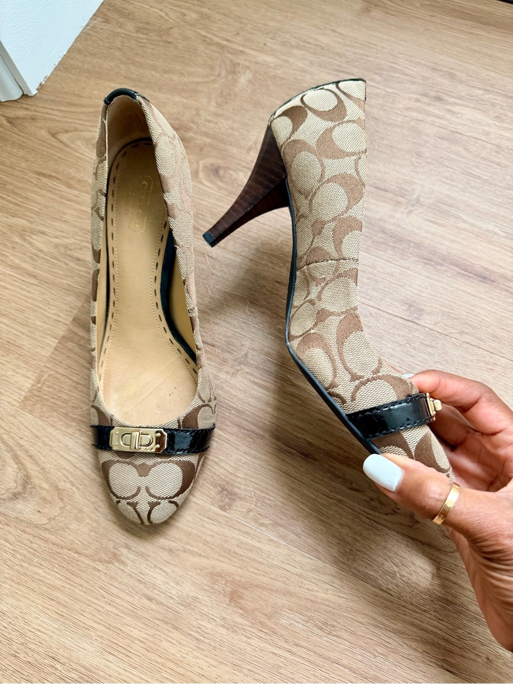 Coach Beige and Brown Signature Canvas High Heel Pumps with Black Trim